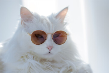 White fluffy cat in sunglasses. - 764102429
