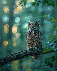 A curious owl perched on a gnarled tree branch during twilight, its piercing eyes illuminated by the soft moonlight filtering through the forest canopy.
