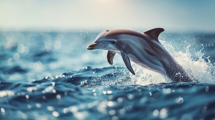 A playful dolphin leaping out of the crystal blue waters of the ocean, with splashes around, under the clear sky.