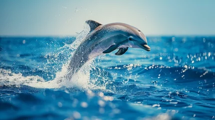 Poster A playful dolphin leaping out of the crystal blue waters of the ocean, with splashes around, under the clear sky. © Riz