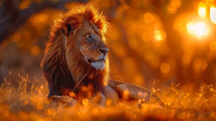 A regal male lion lies contemplatively in the sunset-soaked savanna, his mane catching the last...