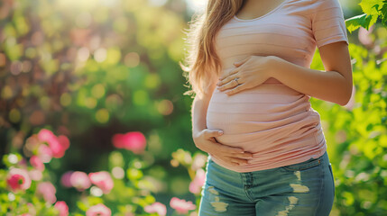 Pregnant woman cradling belly in a sunny garden. - obrazy, fototapety, plakaty