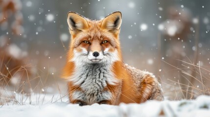 Fototapeta premium A serene red fox sits amidst a gentle snowfall, its fur dusted with fresh snowflakes, against a soft, wintry background.