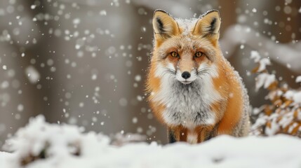 Obraz premium A serene red fox sits amidst a gentle snowfall, its fur dusted with fresh snowflakes, against a soft, wintry background.