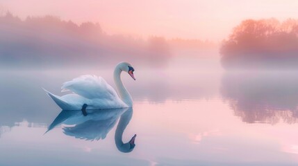 A solitary swan glides gracefully on a tranquil lake, with a serene mist and the warm hues of autumn trees reflected on the water's surface at dawn.
