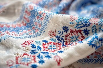 Traditional Slovak embroidery, red and blue cross-stitches on white linen - obrazy, fototapety, plakaty