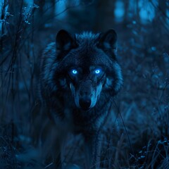 Giant wolf eyes ablaze with glowing blue neon prowling the mystical lands under a starless sky