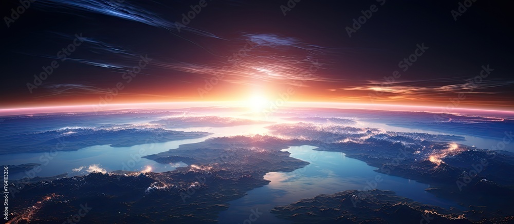 Poster an aerial view of the planet earth from outer space with a brilliant sun ascending above the edge of