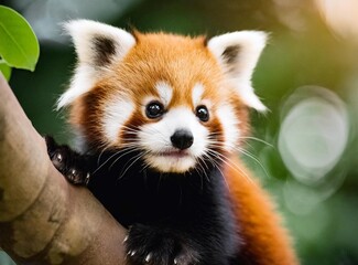 Cute baby red panda very happy and playful in the tree.