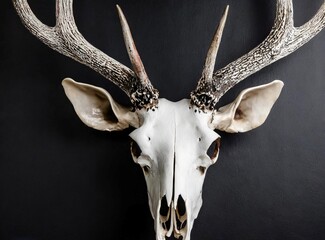 Decorative Deer Skull Looking Forward With Antlers On A Black Background. 3D Rendering.