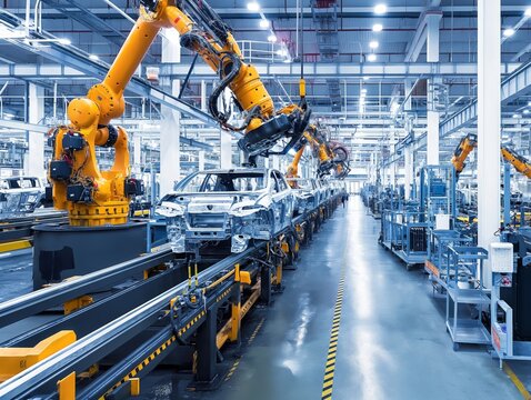 Robotic arms assembling cars on an industrial automotive production line.