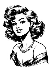 Portrait of a woman, beautiful hair,  pearl necklace,  black and white, vectorial