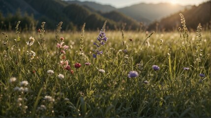 Meadow with flowers calm morning AI Generated image