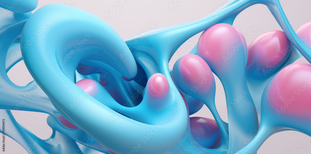 Poster a blue and pink blob of blobs with pink balls in the middle