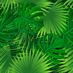 Caribbean repeated background. Tropical rainforest vector illustration. Amazon seamless pattern with exotic tropic palms leaves, monstera, jungle plants. Summer print template wallpaper.