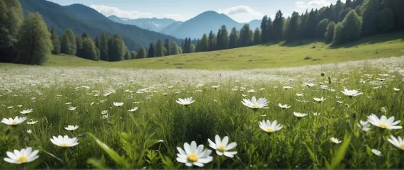 Foto auf Glas Meadow with white flowers beautiful nature scenery landscape from Generative AI © Arceli