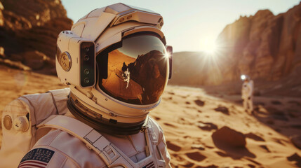 Astronaut in a white suit closely examining unique rock formations on Mars during a sunny day - obrazy, fototapety, plakaty