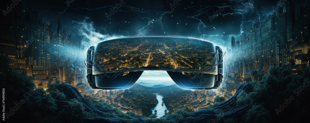 Poster a vr headset is shown in a cityscape with a river running through it. concept of adventure and explo