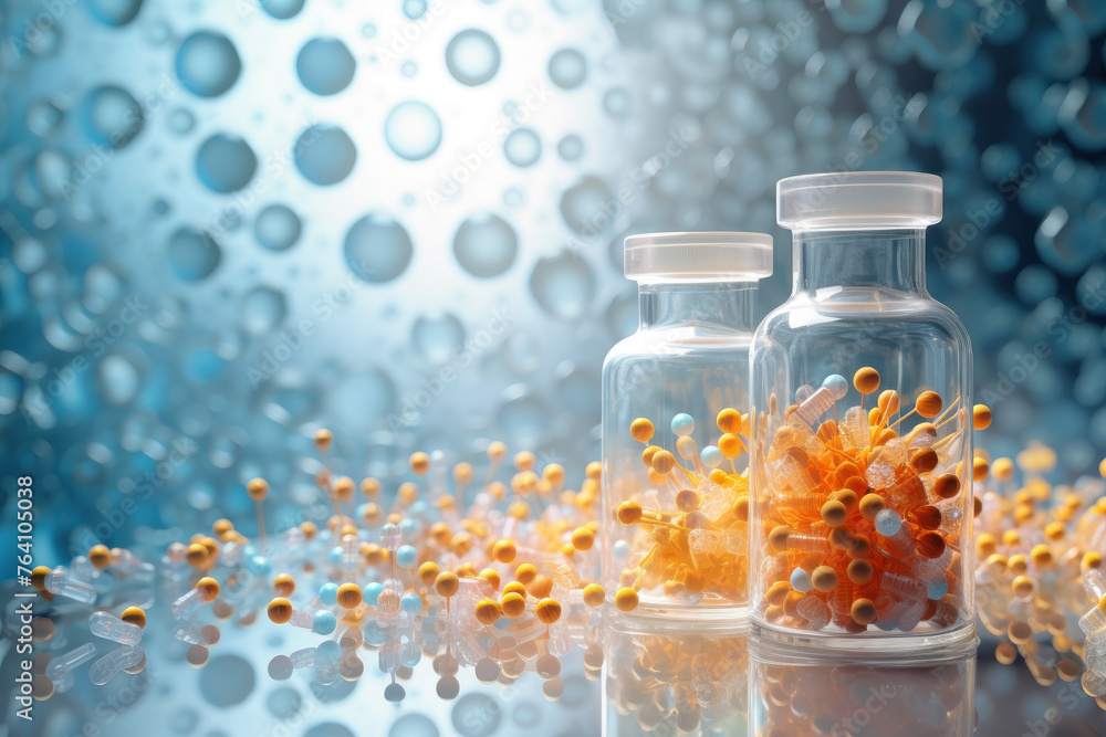 Poster two glass vials filled with small balls of different colors. the vials are placed on a table with a 