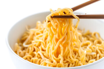 A closeup of chopsticks picking up ramen noodles from a bowl isolated on white background