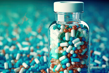 A bottle of pills is scattered on the ground. The pills are in various colors and sizes, and they are all mixed together. The scene gives off a sense of disorder and chaos