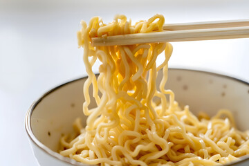 A closeup of chopsticks picking up ramen noodles from a bowl isolated on white background