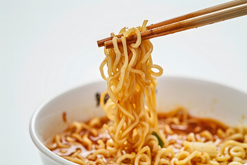 A closeup of chopsticks picking up ramen noodles from a bowl isolated on white background