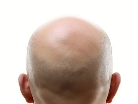 Bald man stands facing away from the camera, bald man stands with his head turned away from the camera.