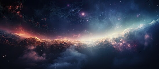 Obraz premium An awe-inspiring view of a distant galaxy visible through swirling nebulous clouds, with a brilliant light piercing through