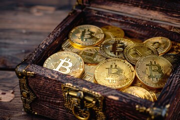 The allure of bitcoins in a treasure box highlighted with a vivid yellow symbolizing prosperity
