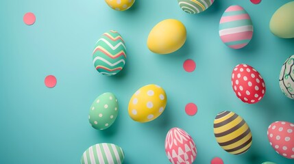 Easter eggs falling against turquoise background, Easter eggs on turquoise background.