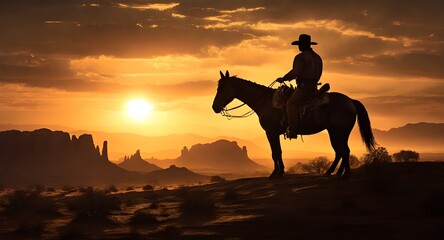 A cowboy riding a horse in silhouette against a desert landscape sunset background