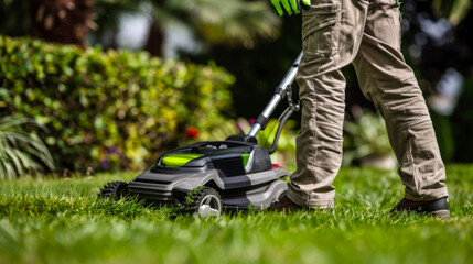 A robot lawnmower trims the grass in a lush garden. - obrazy, fototapety, plakaty