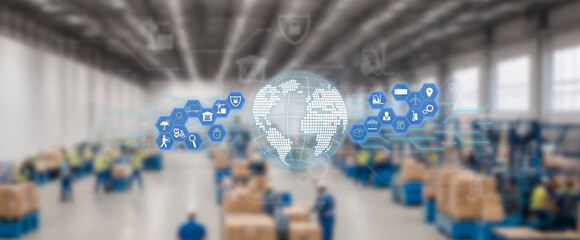 Distribution center concept and international communication network. blue icons and global logistics