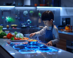 A child cooking in a futuristic kitchen with holographic ingredients