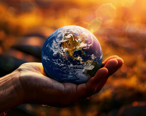 Fototapeta premium A Unique composition of a hand gently cradling a globe against a stunning backdrop background