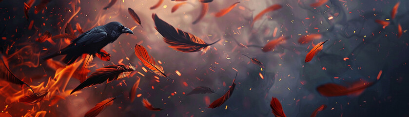 Craft a mesmerizing backdrop background featuring crow feathers transforming into blazing embers - obrazy, fototapety, plakaty