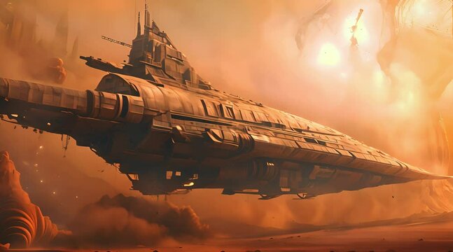 A large spaceship in a desert landscape, surrounded by sand and dust.