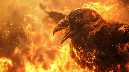 Create a unique 3D animation of a crow morphing into a majestic phoenix engulfed in flames