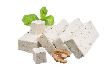A pile of diced sea tofu cheese isolated on a white background vegan healthy eating. Sea tofu with...