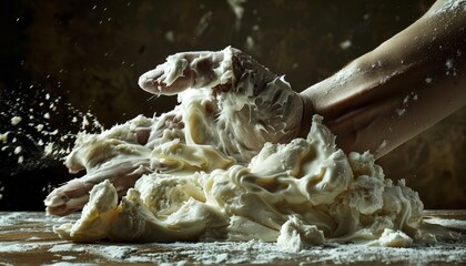The hand steals cream cheese from the the kitchen table - obrazy, fototapety, plakaty
