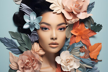 A Fashion Collage art of beautiful Asian woman with flowers and leaves in pastel colors