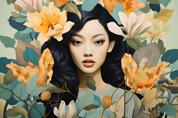A Fashion Collage art of beautiful Asian woman with flowers and leaves in pastel colors