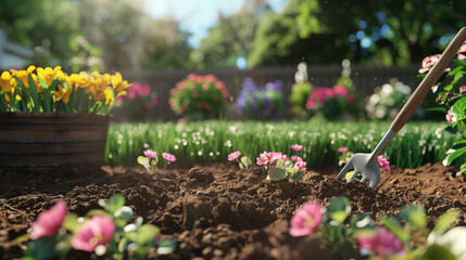 Gardening fork and vibrant flowers in a sunlit garden with rich soil.