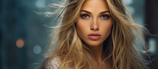 An extreme close-up of a woman showcasing her stunning long blonde hair and striking blue eyes