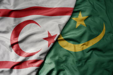 big waving national colorful flag of mauritania and national flag of northern cyprus. - obrazy, fototapety, plakaty