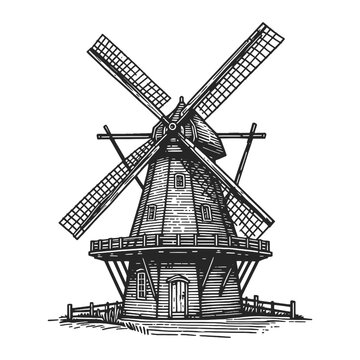 traditional windmill in a pastoral setting, depicted in an engraved style. Sketch engraving generative ai vector illustration. Scratch board imitation. Black and white image.