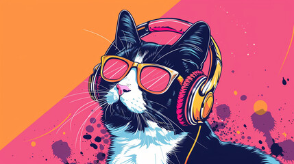 Generate a design of a cat isolated in a unique setting while listening to music through headphones