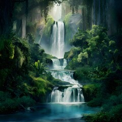 Enchanting waterfall cascades through the depths of a lush forest For Social Media Post Size