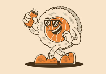 Mascot character illustration of walking sushi holding a beer can. Vintage color